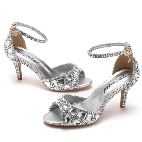 Charmant Silber Strass Abend Sandalen Damen 2023 7 cm Stilettos Peeptoes Knöchelriemen Sandaletten Hochhackige