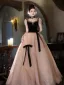 Chic / Belle Noire Faux Diamant Noeud Robe De Bal 2025 Robe Boule Encolure Carrée Manches Courtes Dos Nu Longue Tulle Robe De Ceremonie
