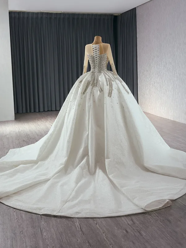Haut de Gamme Blanche Fait main Faux Diamant Robe De Mariée 2024 Robe Boule Encolure Dégagée Manches Longues Tribunal Train Mariage