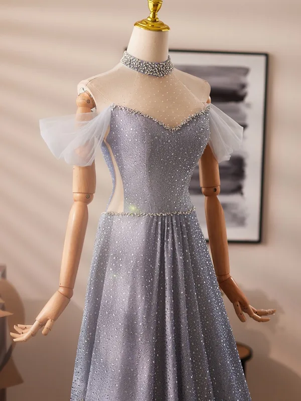 High End Grau Handgefertigt Perlenstickerei Strass Pailletten Ballkleider 2024 A Linie Stehkragen Kurze Ärmel Rückenfreies Lange Ball Festliche Kleider