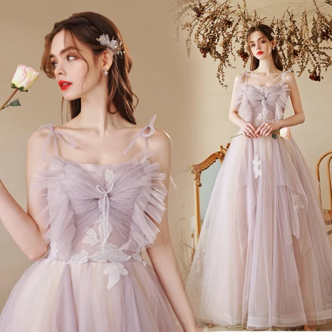 Chic / Beautiful Lavender Beading Appliques Prom Dresses 2022 A-Line / Princess Spaghetti Straps Sleeveless Backless Floor-Length / Long Formal Dresses