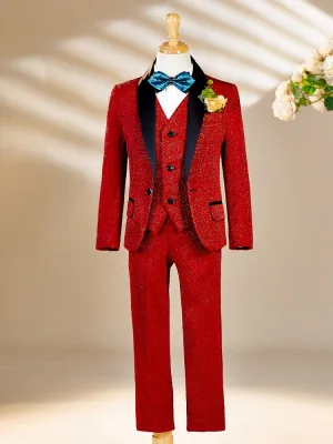 Høst Vinter Rød Glitter 6 Delt Langermede Dress Barn Bryllup 2025 Skuldre Smykker Frakk Halskjede Bukser Skjorte Slips
