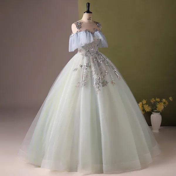 Élégant Vert Cendré Perlage Paillettes Robe De Bal 2024 Robe Boule Encolure Dégagée Manches Courtes Dos Nu Longue Promo Robe De Ceremonie