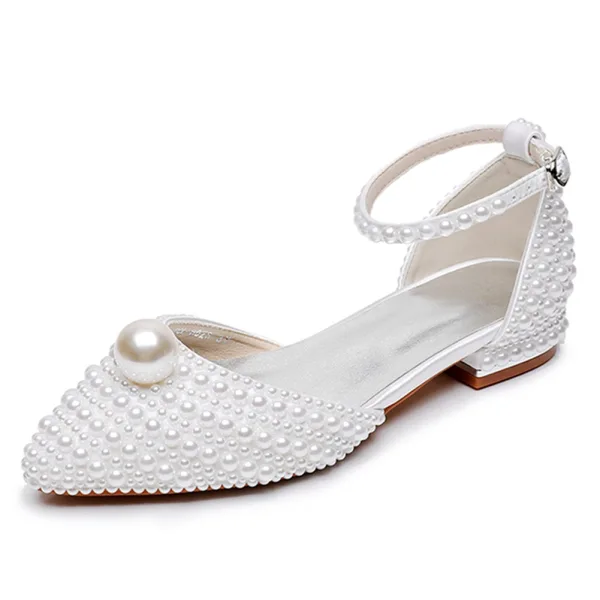 Élégant Ivoire Perle Plate Chaussure De Mariée 2024 Bride Cheville À Bout Pointu Mariage Sandales