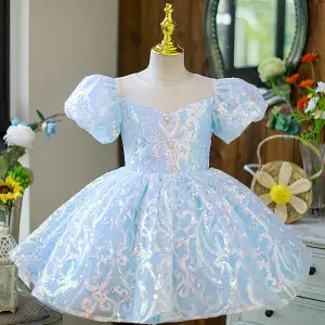 Sparkly Sky Blue Pearl Sequins Birthday Flower Girl Dresses 2022 Ball Gown Scoop Neck Puffy Short Sleeve Backless Short Flower Girl Dresses