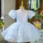 Sparkly Sky Blue Pearl Sequins Birthday Flower Girl Dresses 2022 Ball Gown Scoop Neck Puffy Short Sleeve Backless Short Flower Girl Dresses