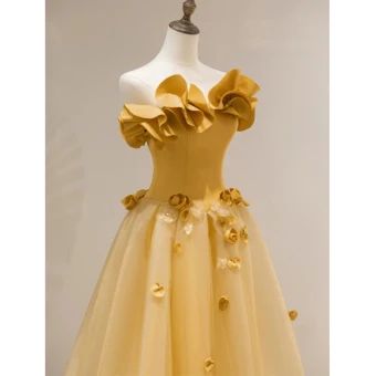 Mode Jaune Appliques Robe De Bal 2023 Princesse Bustier Sans Manches Dos Nu Longue Promo Robe De Ceremonie