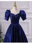 Vintage / Retro Royal Blue Satin Prom Dresses 2024 Ball Gown Square Neckline Short Sleeve Backless Floor-Length / Long Prom Formal Dresses