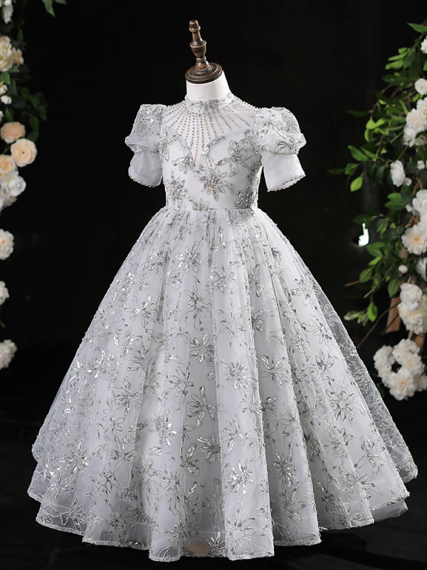 Chic / Beautiful Grey Beading Sequins Pearl Lace Flower Birthday Flower Girl Dresses 2024 A-Line / Princess High Neck Short Sleeve Floor-Length / Long
