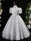 Chic / Beautiful Grey Beading Sequins Pearl Lace Flower Birthday Flower Girl Dresses 2024 A-Line / Princess High Neck Short Sleeve Floor-Length / Long