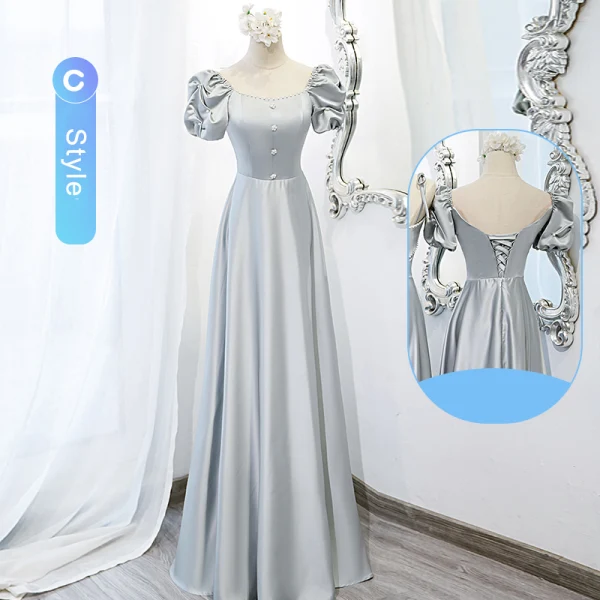 Modest / Simple Silver Grey Satin Bridesmaid Dresses 2022 A-Line / Princess Short Sleeve Backless Floor-Length / Long Wedding Party Dresses