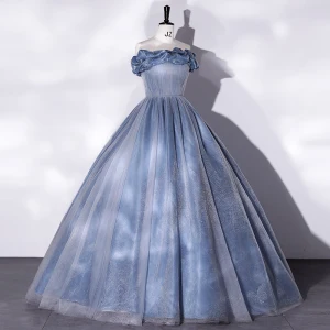 Elegant Sky Blue Prom Dresses 2022 Ball Gown Ruffle Off The Shoulder Sleeveless Backless Floor Length Long Prom Formal Dresses