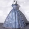 Elegant Sky Blue Prom Dresses 2022 Ball Gown Ruffle Off-The-Shoulder Sleeveless Backless Floor-Length / Long Prom Formal Dresses