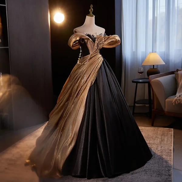 Elegant Black Gold Beading Glitter Prom Dresses 2024 Ball Gown Off-The-Shoulder Backless