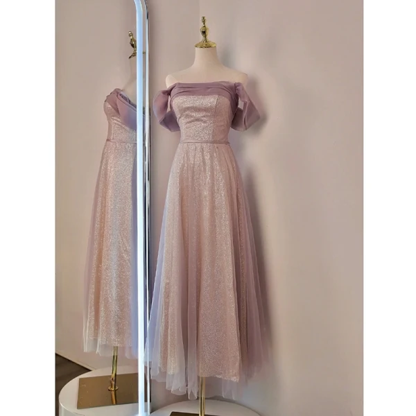 Chic / Beautiful Blushing Pink Glitter Bridesmaid Dresses 2023 A-Line / Princess Short Sleeve Backless Tea-length Bridesmaid Dresses