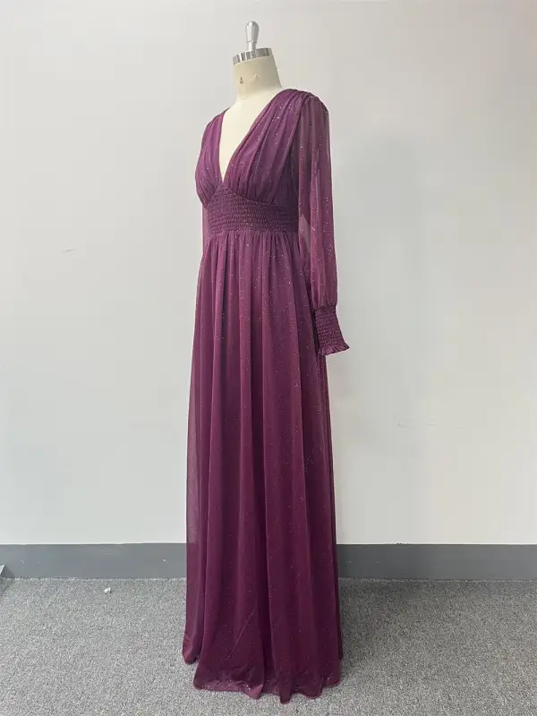 Modest / Simple Fuchsia Glitter Prom Dresses 2024 A-Line / Princess V-Neck Long Sleeve Floor-Length / Long Prom Formal Dresses