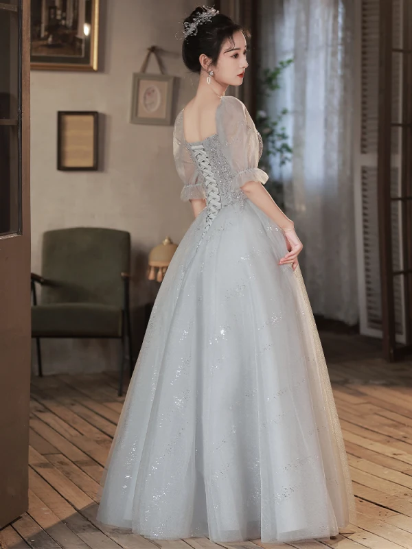 Chic / Beautiful Grey Beading Prom Dresses 2024 Ball Gown Square Neckline Short Sleeve Backless Floor-Length / Long Prom Formal Dresses