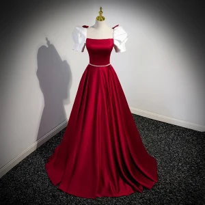 Elegant Burgundy Satin Prom Dresses 2023 A Line Princess Square Neckline Puffy Short Sleeve Backless Bow Floor Length Long Prom Formal Dresses