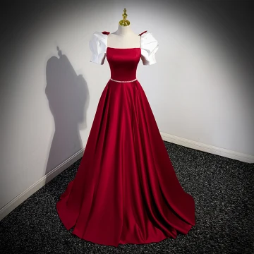 Élégant Bordeaux Satin Robe De Bal 2023 Princesse Encolure Carrée Gonflée Manches Courtes Dos Nu Noeud Longue Promo Robe De Ceremonie
