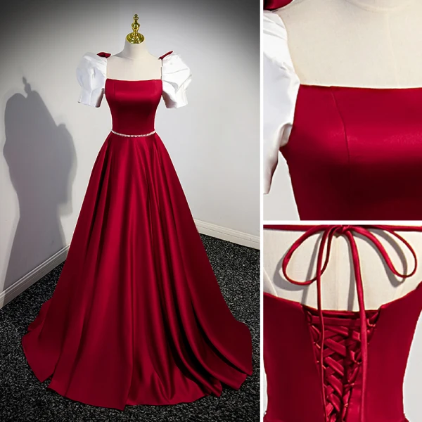 Elegant Burgundy Satin Prom Dresses 2023 A-Line / Princess Square Neckline Puffy Short Sleeve Backless Bow Floor-Length / Long Prom Formal Dresses