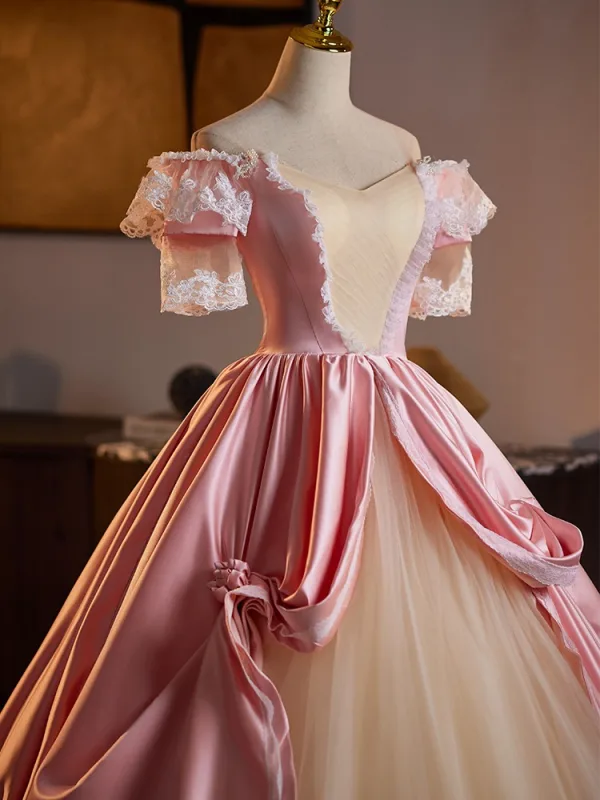 Medieval Vintage / Retro Blushing Pink Lace Flower Ball Gown Prom Dresses 2025 Off-The-Shoulder Short Sleeve Backless Floor-Length / Long Prom Formal Dresses