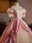 Medieval Vintage / Retro Blushing Pink Lace Flower Ball Gown Prom Dresses 2025 Off-The-Shoulder Short Sleeve Backless Floor-Length / Long Prom Formal Dresses