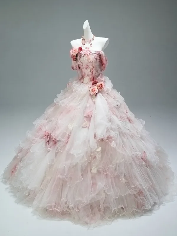 Luxury / Gorgeous Flower Fairy Blushing Pink Handmade  Pearl Rhinestone Appliques Cascading Ruffles Prom Dresses 2025 Ball Gown Strapless Sleeveless Backless Chapel Train