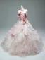 Luxury / Gorgeous Flower Fairy Blushing Pink Handmade  Pearl Rhinestone Appliques Cascading Ruffles Prom Dresses 2025 Ball Gown Strapless Sleeveless Backless Chapel Train
