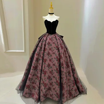 Elegante Zwarte Het Drukken Galajurken 2025 Baljurk Strapless Mouwloos Ruglooze Strik Sweep Trein Gala Gelegenheid Jurken