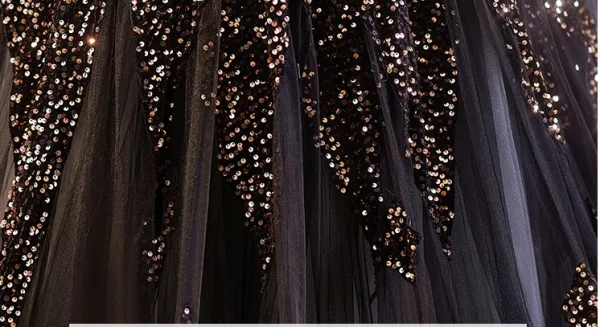 Elegante Schwarz Pailletten Ballkleider 2025 Ballkleid V-Ausschnitt Kurze Ärmel Rückenfreies Lange Ball Festliche Kleider