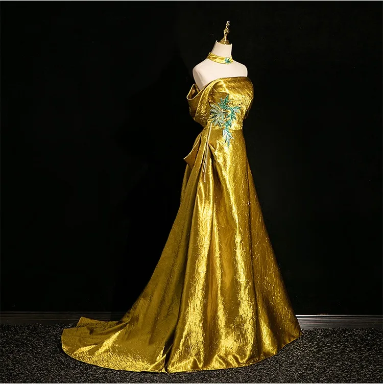Amazing Unique Gold Lace Flower Satin Prom Dresses 2024 A-Line Princess Off-The-Shoulder Amazing Unique Gold Lace Flower Satin Prom Dresses 2024 A-Line Princess Off-The-Shoulder