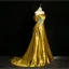 Unique Gold Spitze Blumen Satin Ballkleider 2024 A Linie Off Shoulder Kurze Ärmel Rückenfreies Sweep / Pinsel Zug Ball Festliche Kleider