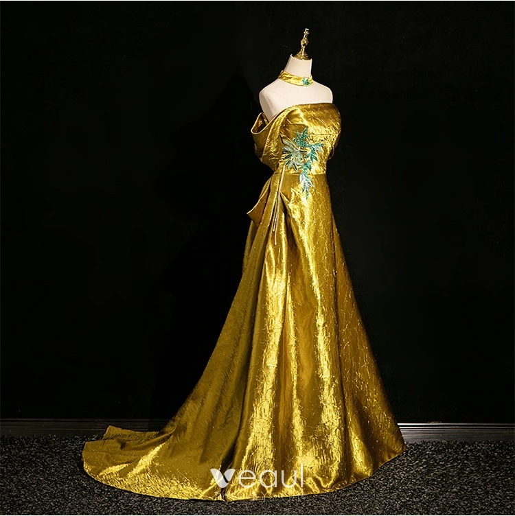 Amazing / Unique Gold Lace Flower Satin Prom Dresses 2024 A-Line / Princess Off-The-Shoulder Short Sleeve Backless Sweep Train Prom Formal Dresses Amazing / Unique Gold Lace Flower Satin Prom Dresses 2024 A-Line / Princess Off-The-Shoulder Short Sleeve Backless Sweep Train Prom Formal Dresses