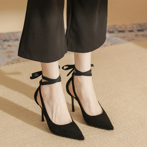 Fashion Black Evening Party Womens Sandals 2023 Leather Ankle Strap Bow 8 cm Stiletto Heels Pointed Toe High Heels