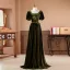 Vintage / Retro Army Green Pearl Sash Velvet Prom Dresses 2026 A-Line / Princess Square Neckline Short Sleeve Backless Floor-Length / Long Formal Dresses