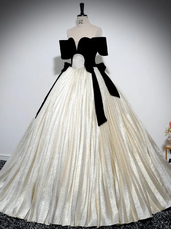 Élégant Champagne Glitter Satin Noeud Robe De Bal 2024 Robe Boule De l'épaule Manches Courtes Dos Nu Longue Promo Robe De Ceremonie