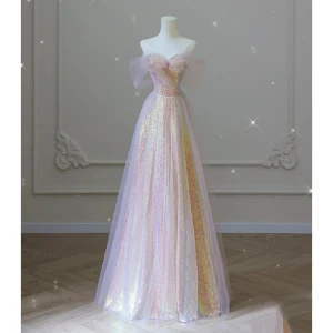 Encantador Rosa Clara Lentejuelas Vestidos De Gala 2022 A Line Princess Fuera Del Hombro Manga Corta Sin Espalda Largos Vestidos Formales