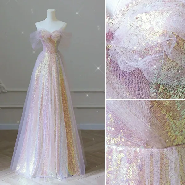 Charmant Rougissant Rose Paillettes Robe De Bal 2022 Princesse De l'épaule Manches Courtes Dos Nu Longue Robe De Ceremonie