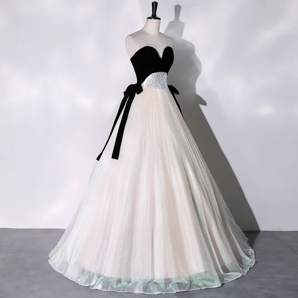 Elegant Black Prom Dresses 2023 A-Line / Princess Strapless Sleeveless Backless Bow Sash Floor-Length / Long Prom Formal Dresses