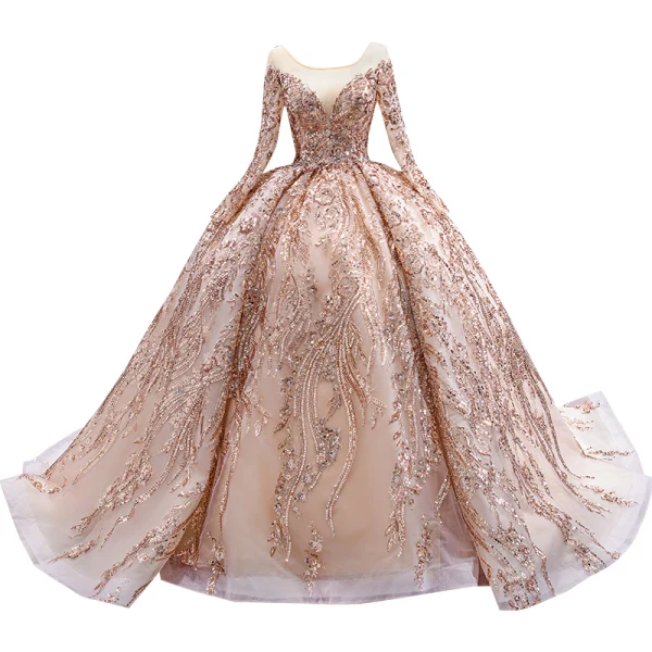 Luxury / Gorgeous Sparkly Champagne Handmade  Beading Sequins Wedding Dresses 2022 Ball Gown Scoop Neck Long Sleeve Backless Court Train Wedding
