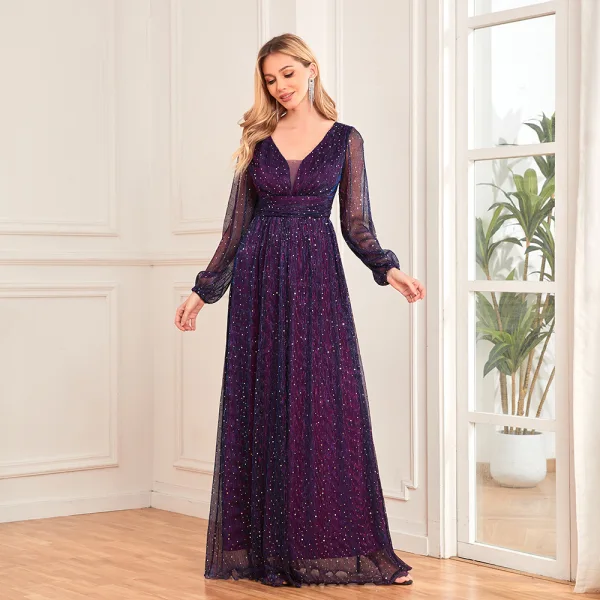 Bling Bling Pool Blue Sequins Evening Dresses 2024 A-Line / Princess V-Neck Long Sleeve Backless Floor-Length / Long Evening Party Formal Dresses