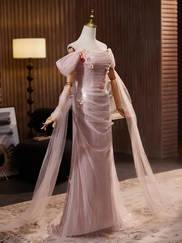 Chic / Beautiful Blushing Pink Pearl Appliques Prom Dresses 2024 Trumpet / Mermaid Off-The-Shoulder Short Sleeve Backless Floor-Length / Long Prom Formal Dresses