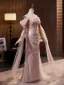 Chic / Beautiful Blushing Pink Pearl Appliques Prom Dresses 2024 Trumpet / Mermaid Off-The-Shoulder Short Sleeve Backless Floor-Length / Long Prom Formal Dresses