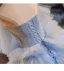 Elegant Sky Blue Cascading Ruffles Prom Dresses 2025 Ball Gown Off-The-Shoulder Short Sleeve Backless Sweep Train Formal Dresses