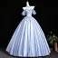 New Money Sky Blue Satin Prom Dresses 2026 Ball Gown Off-The-Shoulder Ruffle Short Sleeve Backless Floor-Length / Long Formal Dresses