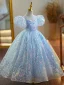 Sparkly Sky Blue Sequins Prom Flower Girl Dresses 2023 Ball Gown Scoop Neck Puffy Short Sleeve Floor-Length / Long Tulle