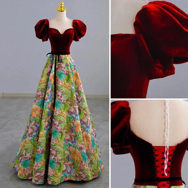 Elegant Burgundy Embroidered Prom Dresses 2022 A-Line / Princess Square Neckline Short Sleeve Backless Bow Sash Floor-Length / Long Prom Formal Dresses