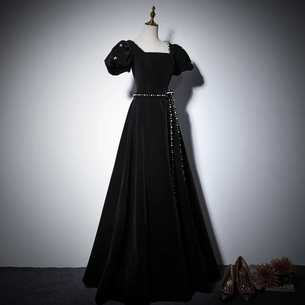 Elegant Black Prom Dresses 2022 A-Line / Princess Square Neckline Pearl Bow Sash Short Sleeve Backless Floor-Length / Long Formal Dresses