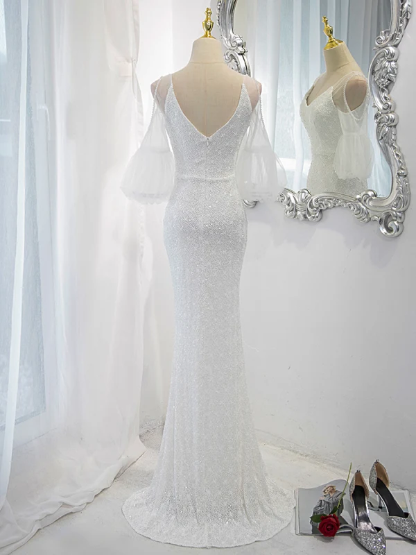 Sparkly White Sequins Evening Dresses 2023 Trumpet / Mermaid V-Neck Short Sleeve Backless Floor-Length / Long Evening Party Formal Dresses
