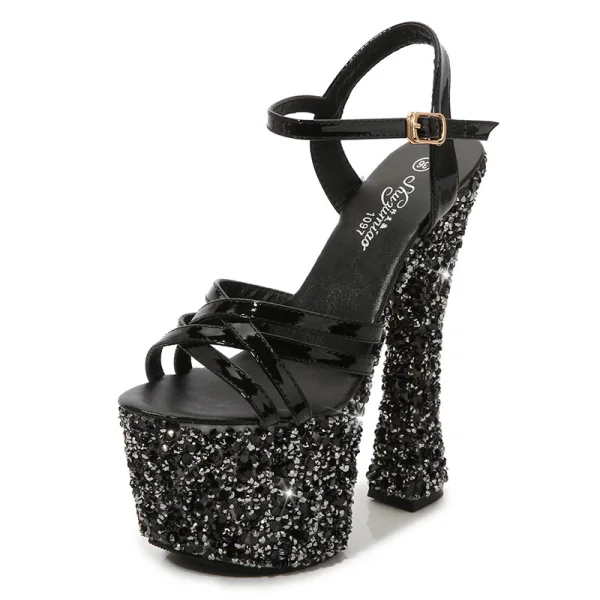 Glitzernden Schwarz Sexy Abend Strass Sandalen Damen 2023 Knöchelriemen 14 cm Thick Heels Peeptoes Sandaletten Hochhackige